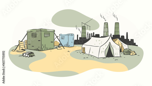 A stylized illustration of a makeshift camp with tents and structures amidst industrial buildings and smokestacks.