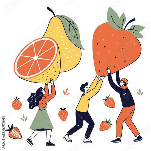 People carrying giant fruits orange pear strawberry