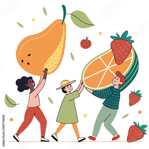 People carrying giant fruits pear orange
