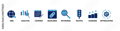 SEO banner web icon vector illustration concept for search engine optimization with icon of website, analysis, content, backlinks, keywords, traffic, ranking, and optimization
