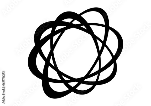 Modern abstract illustration of circular elliptical shapes that twist and overlap each other, forming a dynamic and symmetrical circular pattern.
