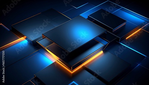 Abstract 3D rendering of dark geometric blocks with glowing blue and orange lights.