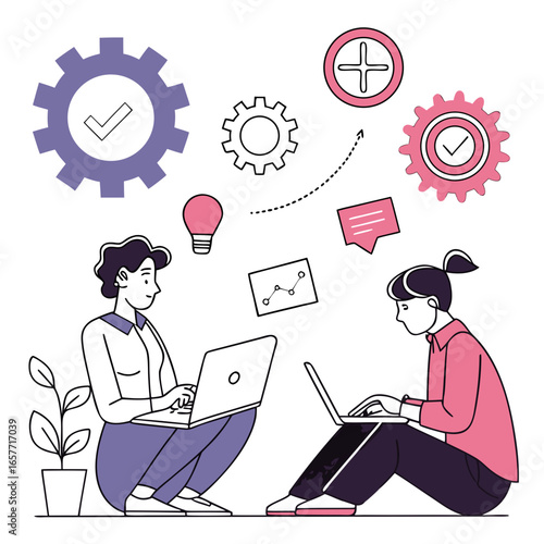 People working on laptops with gears and graphs vector