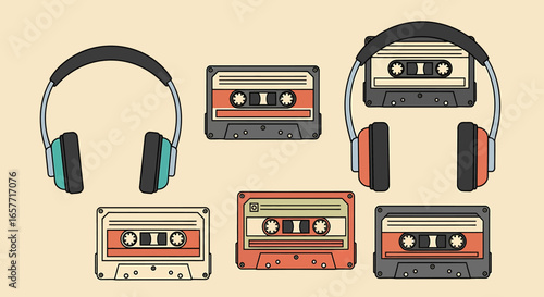 Retro Audio: Cassette Tapes and Headphones in a Flat Design Arrangement
