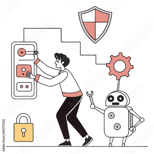 Person and robot securing digital shield with lock and gear
