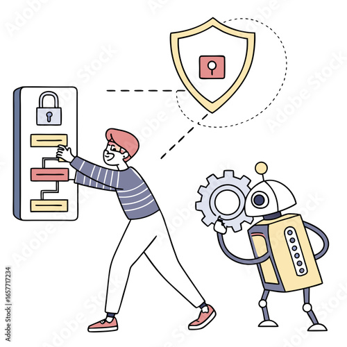 Person and robot securing digital data with shield