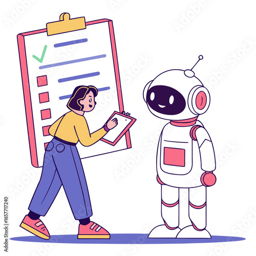 Person and robot with checklist clipboard tasks