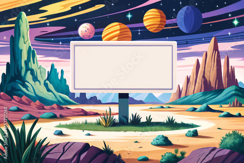 Blank white sign on alien planet fantasy landscape with sci-fi space background. Futuristic horizontal poster for science fiction design, wallpaper, template, and digital art.