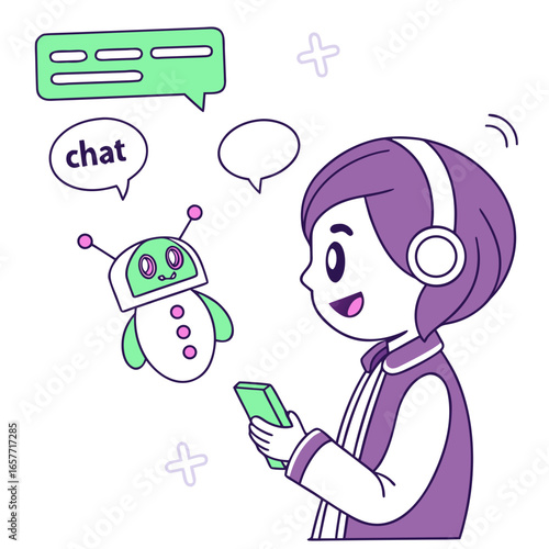 Person chatting with robot using phone technology communication