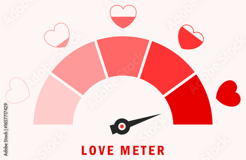 Love meter gauge with heart icons. Love meter flat icon. Heart indicator. Love day full test. Speedometer arrow. Love meter showing high level with hearts and progress indicator. Vector illustration.