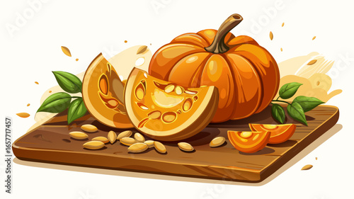 Fresh ripe pumpkin with cut wedges reveals glowing orange flesh, seeds scattered gracefully across wooden cutting board against warm white background, capturing rustic seasonal charm in detailed reali