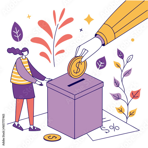 Person donating coin to donation box giving charity