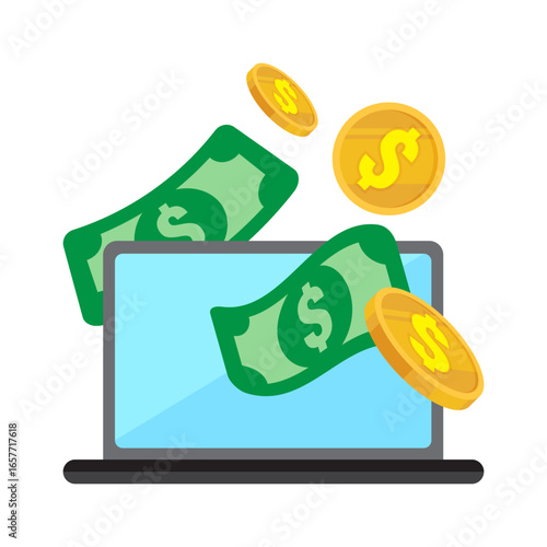 Cash and coins flying out from a computer screen, representing online finance or internet income
