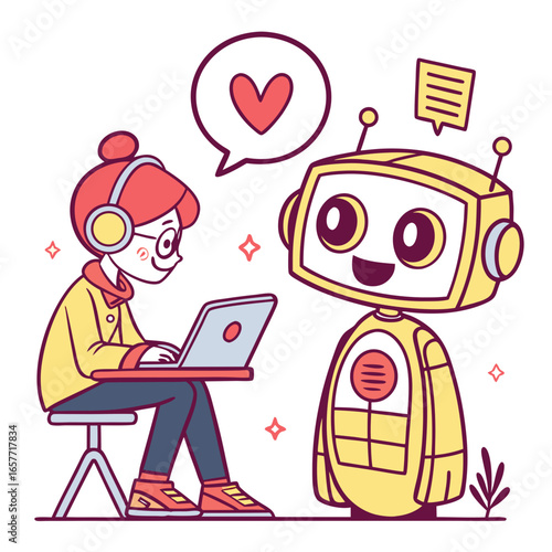 Person interacting with friendly robot artificial intelligence