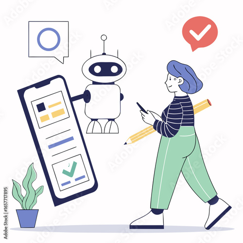 Person interacting with robot and mobile device mobile phone