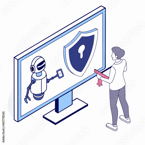 Person measuring robot cybersecurity shield on monitor