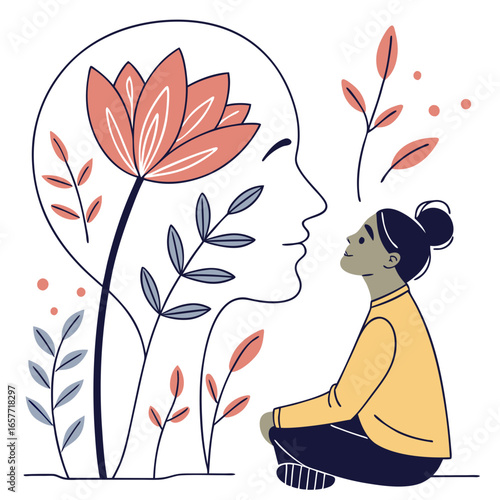 Person meditating with blooming flower inside head outline