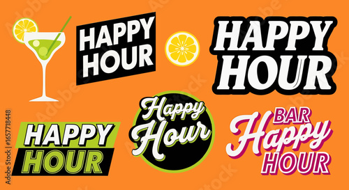 Vibrant Happy Hour Designs with Cocktail Illustration