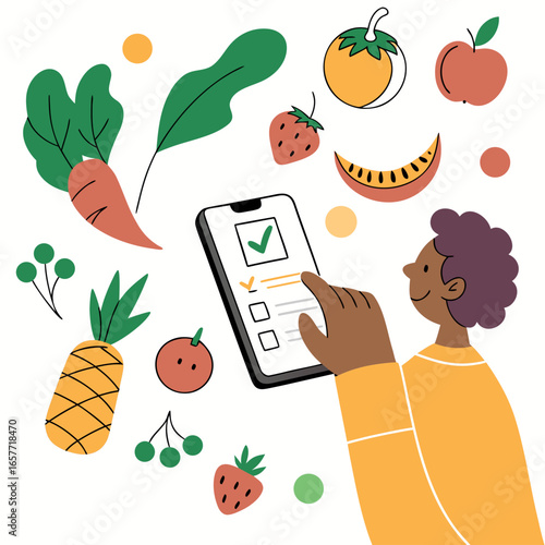 Person ordering groceries on phone surrounded by fruits