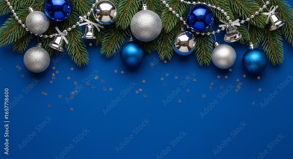 Christmas decoration with ornaments and pine branches on blue surface Christmas decoration with ornaments and pine branches on blue surface