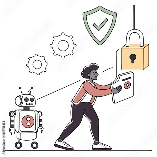 Person robot securing digital data with lock and shield
