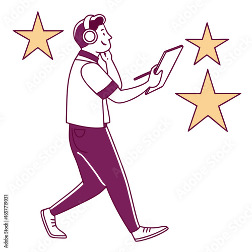 Person wearing headphones holding tablet and stylus
