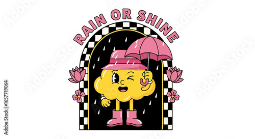 Cheerful Cloud Character in Pink Rain Gear Under "Rain or Shine" Archway