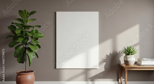 Interior mockup with fiddle-leaf fig, blank canvas, and succulent on a side table, Modern home interior decor with blank canvas and plants against a neutral wall