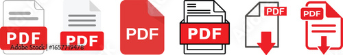 PDF file format icon set.PDF file download icon flat trendy vector illustration isolated .File format extensions. doc, xls, ppt, pdf file format document icons.PDF document icon with download arrow.