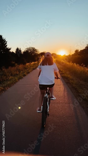Vertical screen: warm sunlight illuminates woman riding bicycle down paved road at sunset, creating long shadows and peaceful atmosphere. Woman cycling along empty rural road during sunset