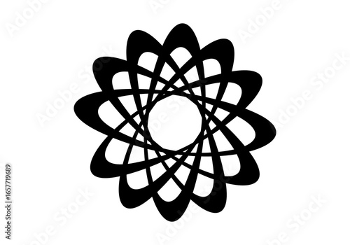 Modern abstract illustration of circular elliptical shapes that twist and overlap each other, forming a dynamic and symmetrical circular pattern.