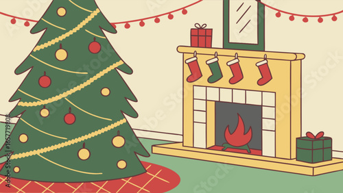 Christmas tree fireplace stockings gifts vector illustration holiday celebration scene festive season design