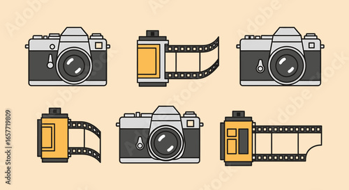 Illustrated vintage cameras and film rolls with a retro aesthetic