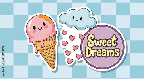 Kawaii Ice Cream, Smiling Cloud with Heart Rain, and Sweet Dreams Circle