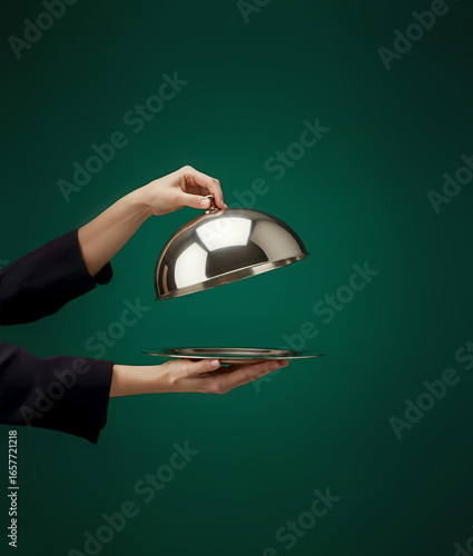 클로셰, 서빙 돔, 쟁반, 손, 팔, 음식, 보관, 컨셉, 오픈하다, 소중한, 대접하다, 깜짝 이벤트, 없다