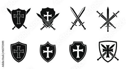 Medieval shields and swords with crosses on white background silhouette