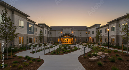 Exterior of a modern assisted living facility at twilight