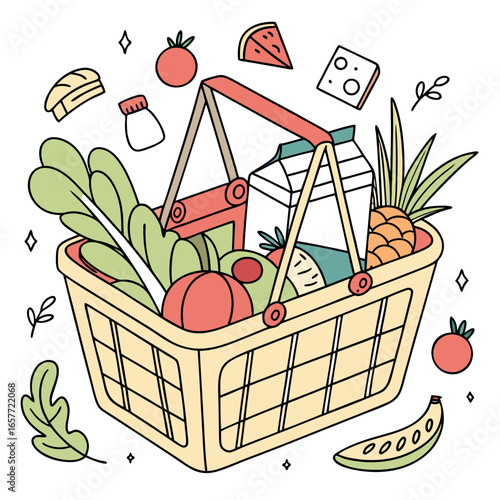 Shopping basket filled with fresh produce groceries
