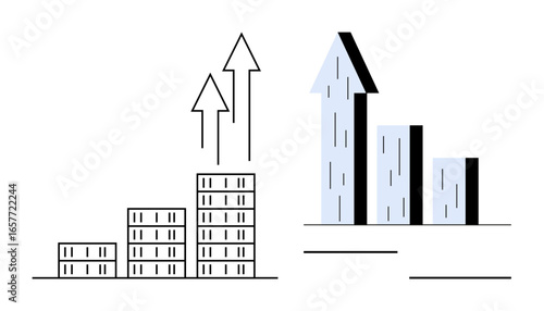 Stacked bar charts with upward arrows represent growth, financial success, progress, and improvement. Ideal for business, finance, economy, data, analytics progress tracking simple landing page