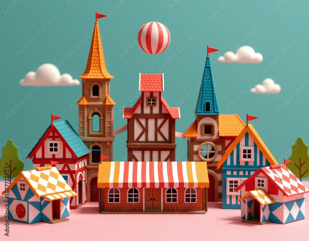 Fototapeta premium Illustrated oktoberfest market stalls transforming into festive celebration vibrant scene playful environment whimsical viewpoint