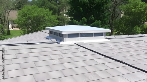 Ridge cap vent installed on a shingle roof for passive attic ventilation on a residential house.