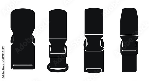 Four black zipper pulls in different orientations on a white background silhouette