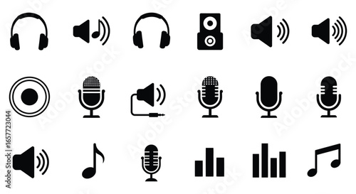 Black and white audio equipment icons including headphones speakers and microphones silhouette