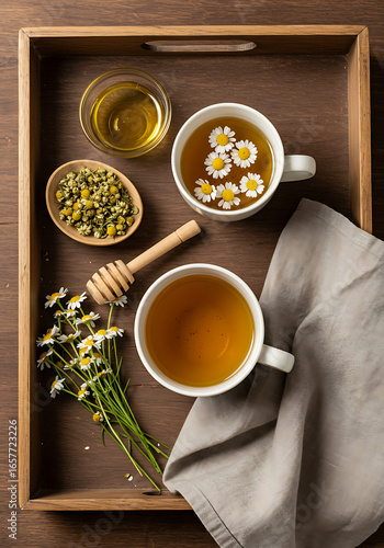 Chamomile tea with honey and flowers on a wooden tray, top view