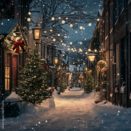 christmas streets, christmas, festival, cover, virtual photo, background, scene, street, city, snow, winter, urban, celebration, lights, xmas, christmas tree, ornament, december, season, house