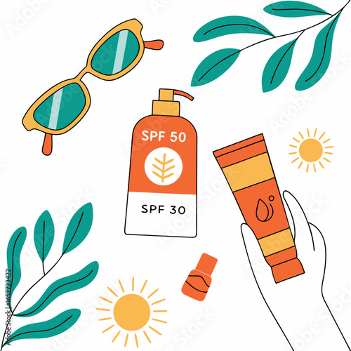 Sunscreen and sunglasses with leaves vector
