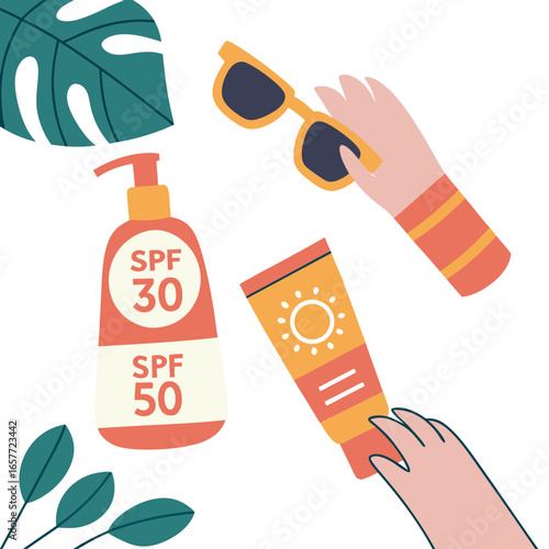 Sunscreen and sunglasses with tropical leaves spf 30