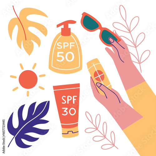 Sunscreen and sunglasses with tropical leaves spf 50