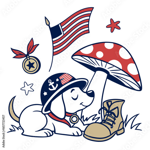 Delightful Peaceful Playful puppy in a Veterans Day scene with under a mushroom – Brave Honor vector illustration