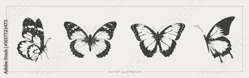 Butterfly with trendy photocopy grain effect. Halftone noise texture. Vintage and grunge stipple effect. Monarch moth icon set. Vector illustration art